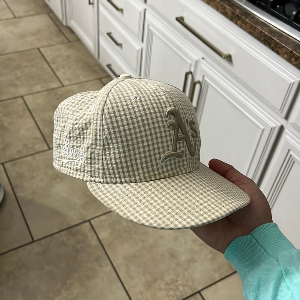 New Era FITTED Vintage A’s “Geez” Hat cream plaid pattern Very rare, size 7 1/4